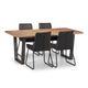 Dining table with four black chairs on a white background