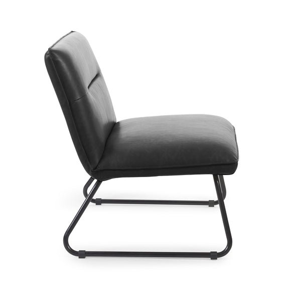 Brown leather chair with black metal legs on a white background