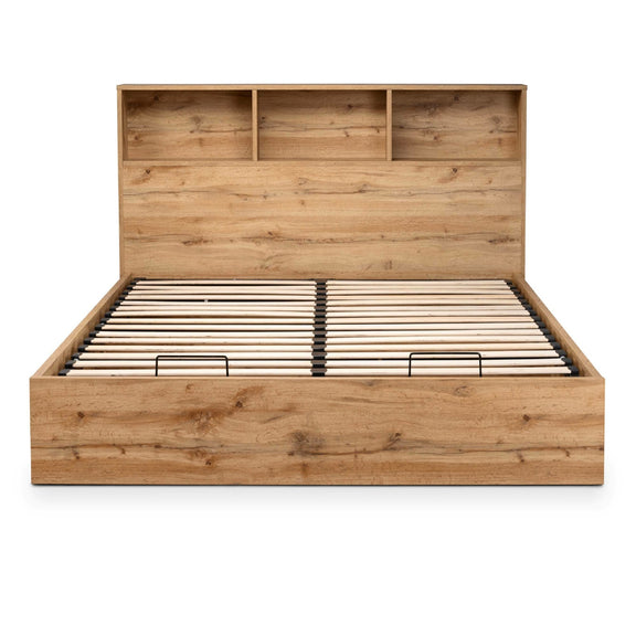Wooden bed frame with headboard on a white background