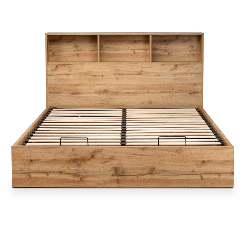 Wooden bed frame with headboard on a white background