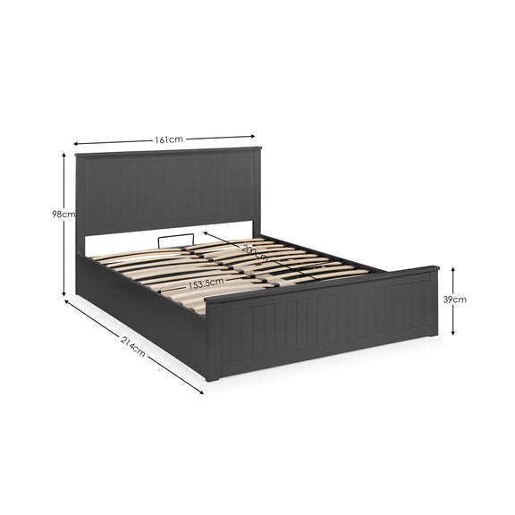 Black bed frame with dimensions labeled on a white background