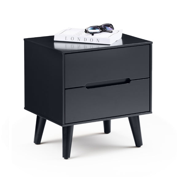 Black two-drawer nightstand with a white background