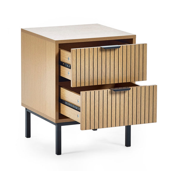 Wooden side table with two drawers on a white background