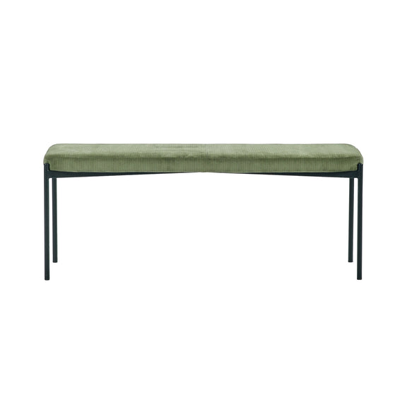 Green bench with black legs on a white background