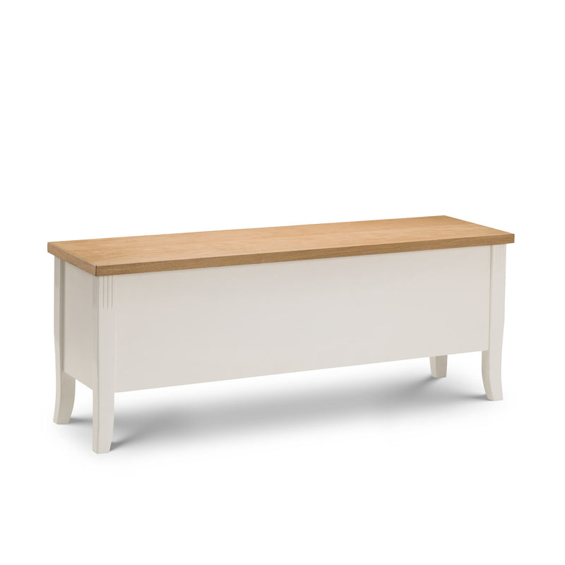 Long wooden table with white base on a white background