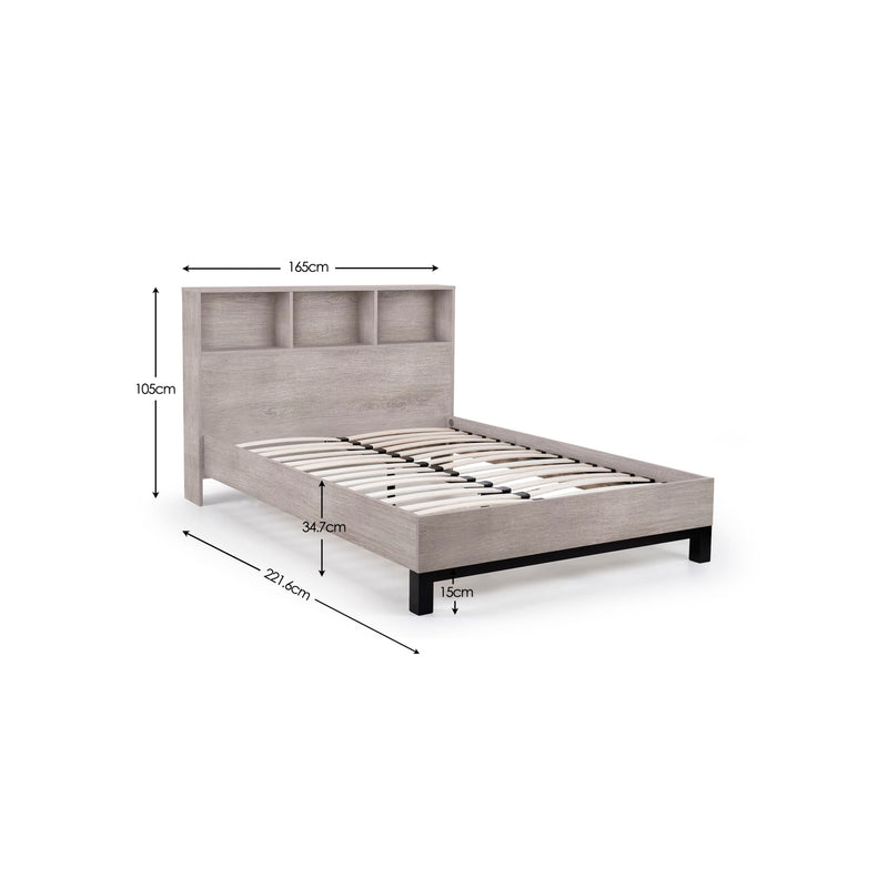 Gray bed frame with dimensions labeled on a white background