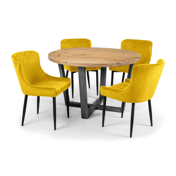 Round wooden table with four yellow chairs on a white background