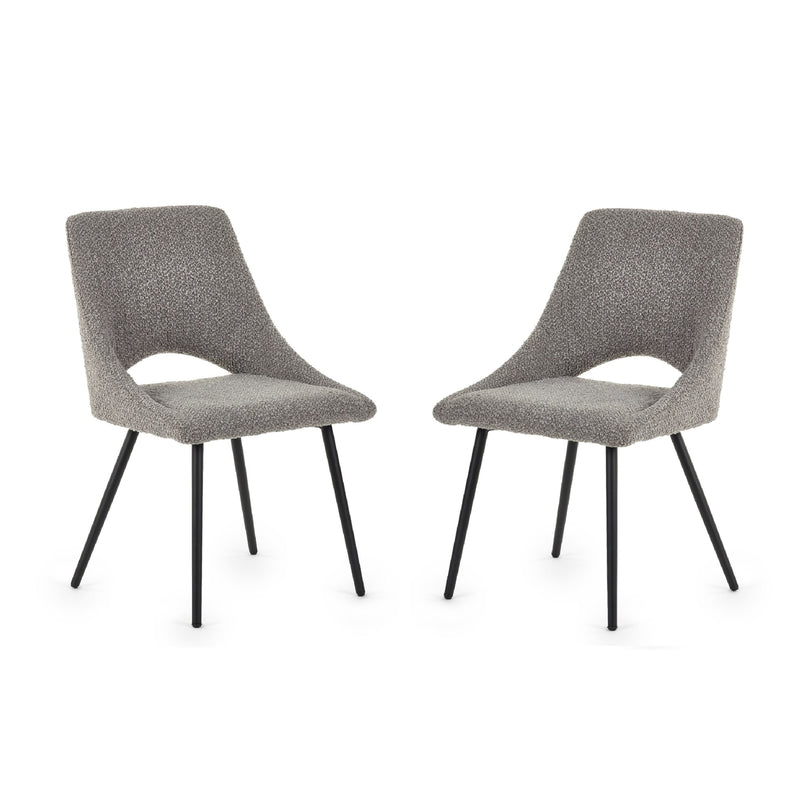 Two gray upholstered chairs with black legs on a white background