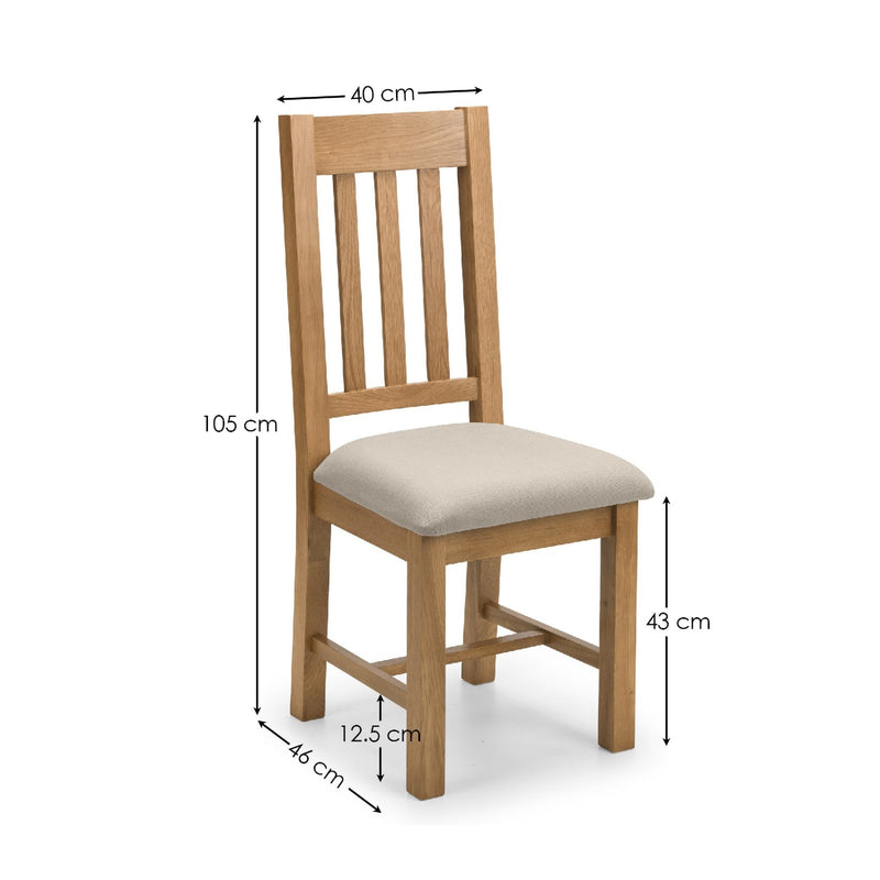 Wooden chair with beige cushion and dimensions labeled on a white background