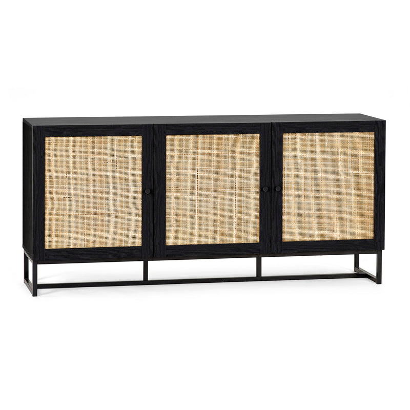 Black cabinet with rattan doors on a white background