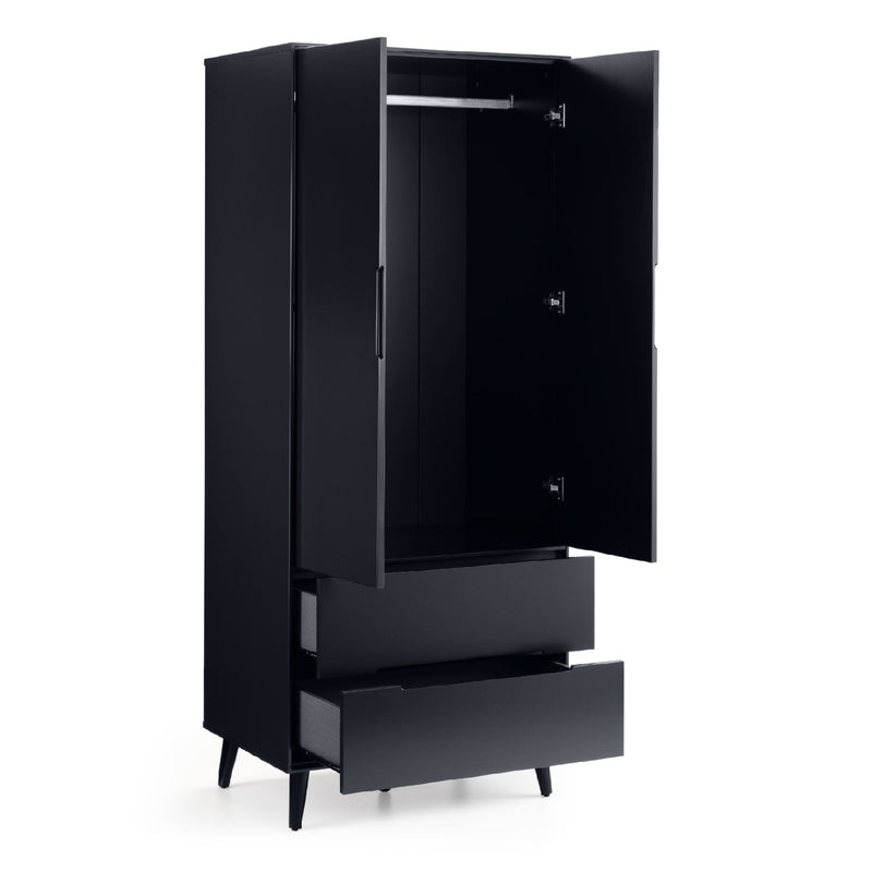 Black wardrobe with open door on a white background
