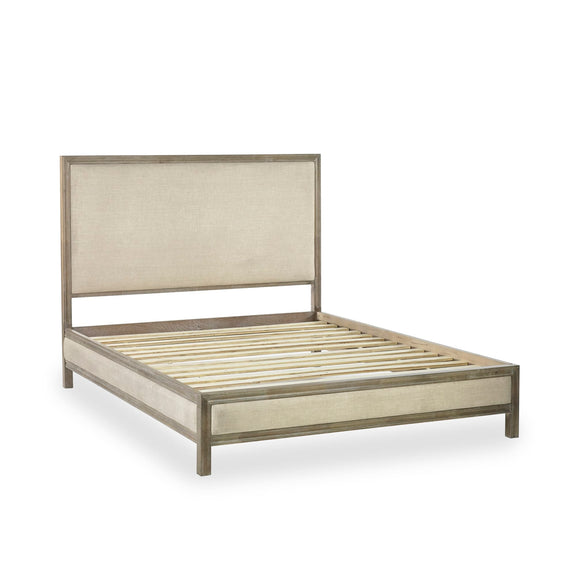 Beige bed frame with slatted design on a white background