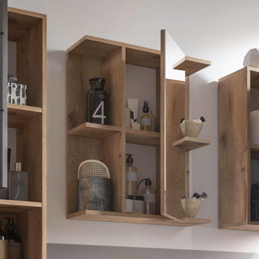 Wooden shelves with decorative items against a white wall