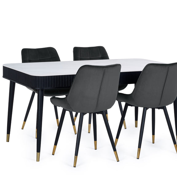 Dining table set with black chairs on a white background