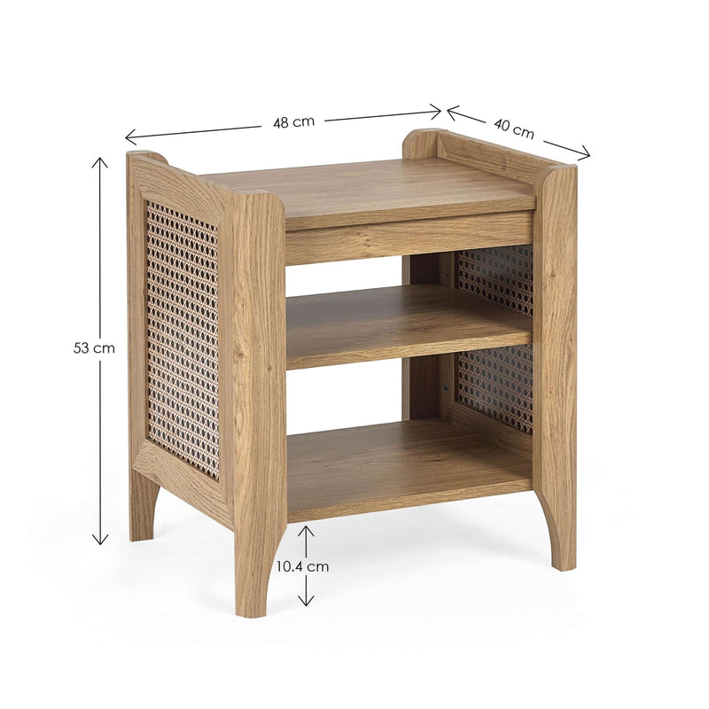 Wooden side table with dimensions on a white background