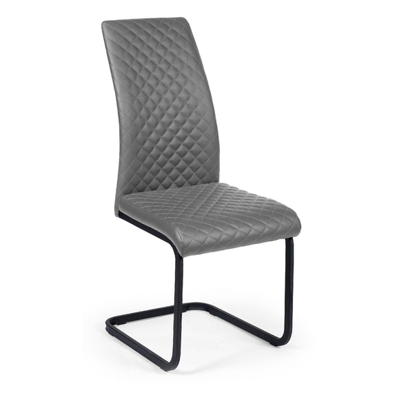 Gray quilted chair with black metal legs on a white background