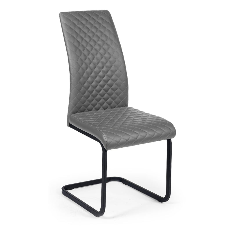 Gray quilted chair with black metal legs on a white background