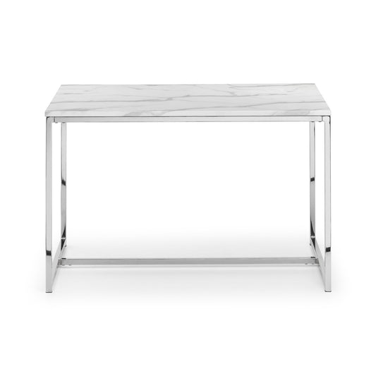 White marble table with metal frame on a white background