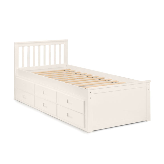White wooden bed frame with drawers on a white background