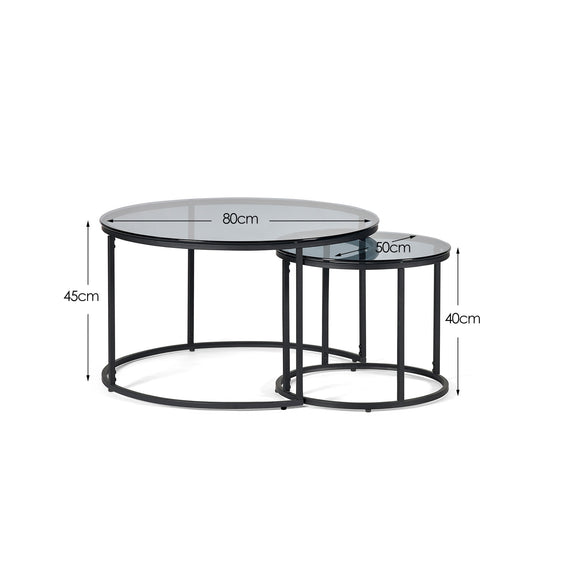 Set of two black glass coffee tables with dimensions on a white background