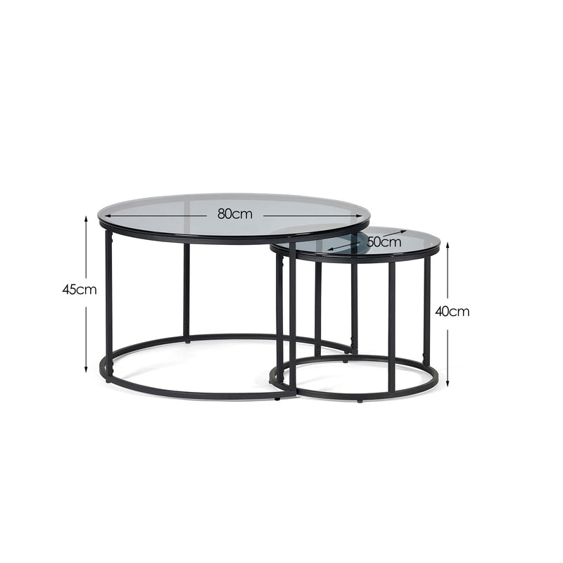Set of two black glass coffee tables with dimensions on a white background
