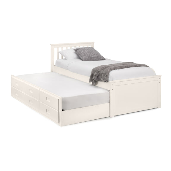 White bed with pull-out trundle on a white background