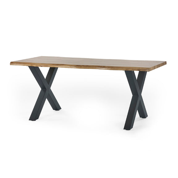 Wooden table with black metal legs on a white background