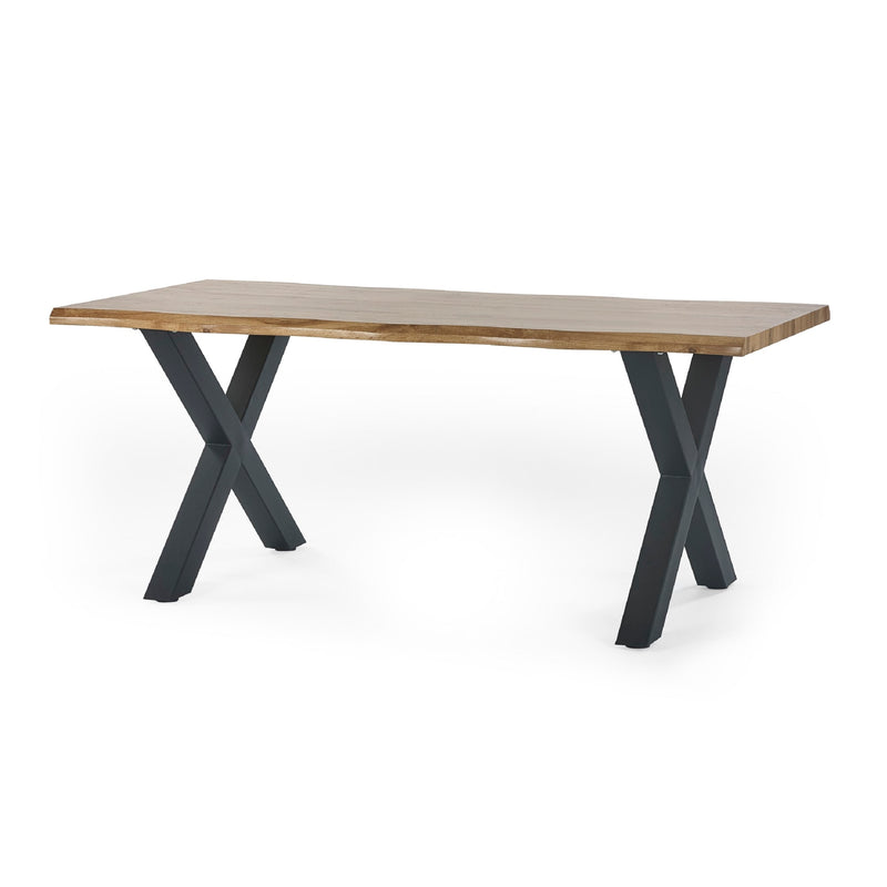 Wooden table with black metal legs on a white background