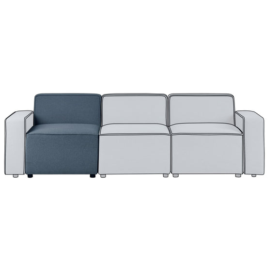 Modular sofa with blue and gray sections on a white background