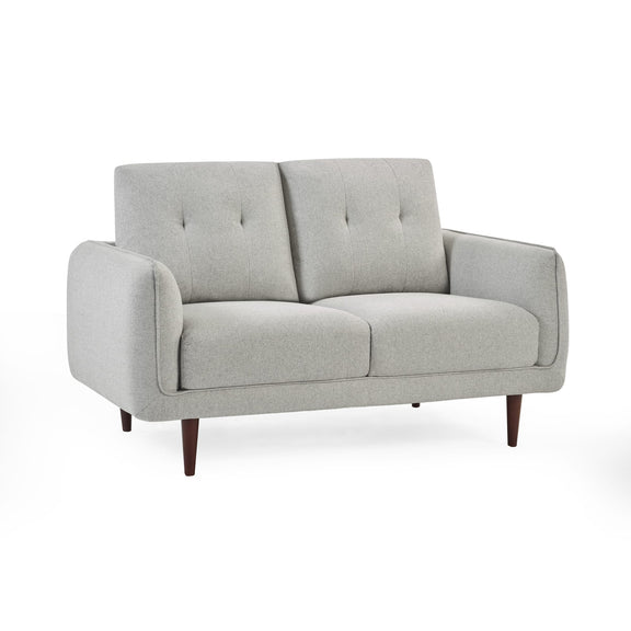 Gray sofa with wooden legs on a white background