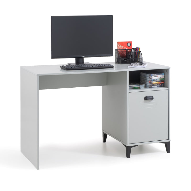 White office desk with computer setup on a white background