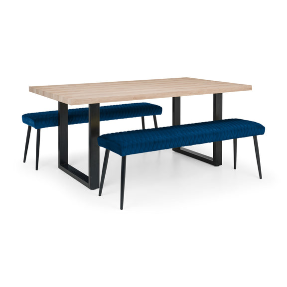 Wooden table with two blue benches on a white background
