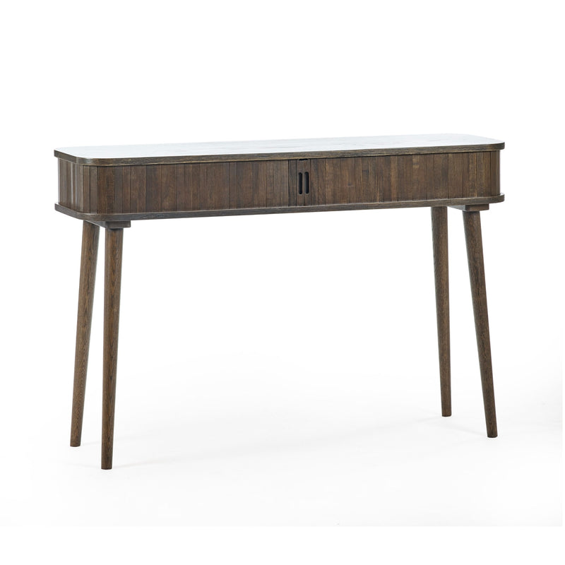Wooden console table with a white top on a white background