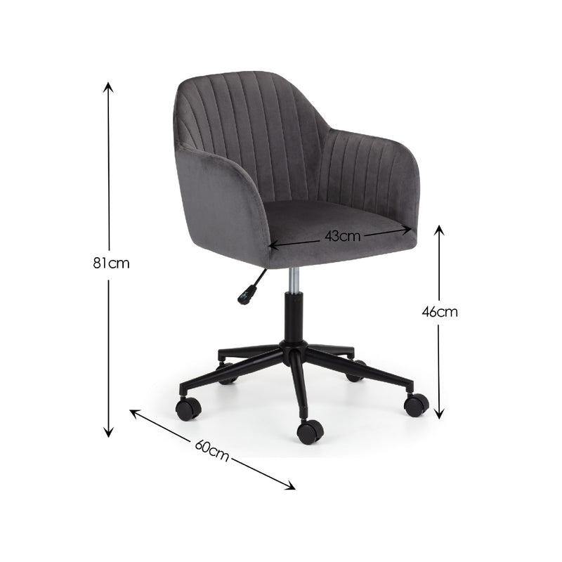 Gray office chair with dimensions marked on a white background