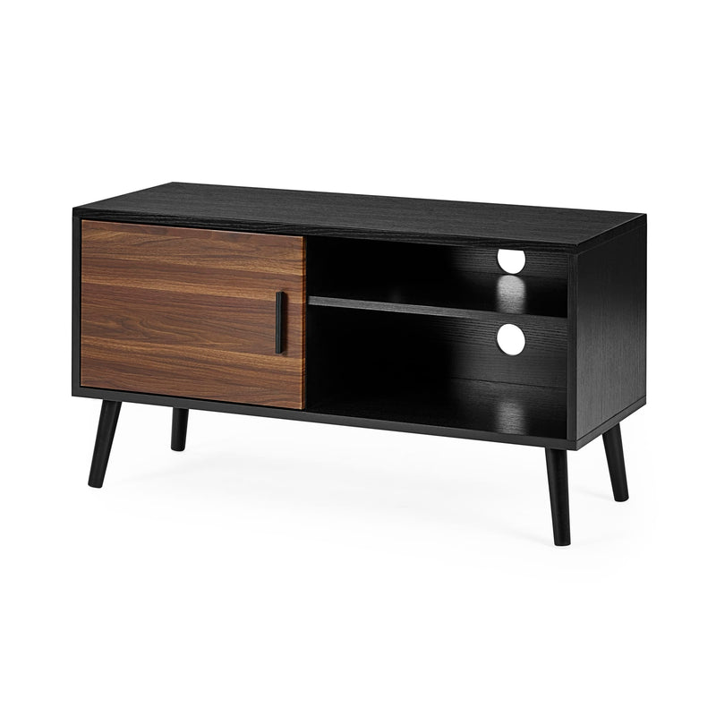 Black and brown TV stand with a single door on a white background