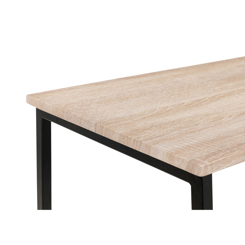 Wooden table with black metal legs on a white background
