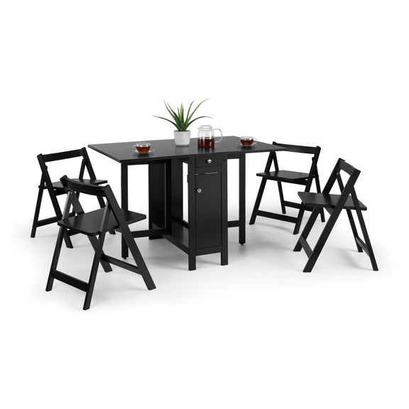 Black dining table with four matching chairs on a white background