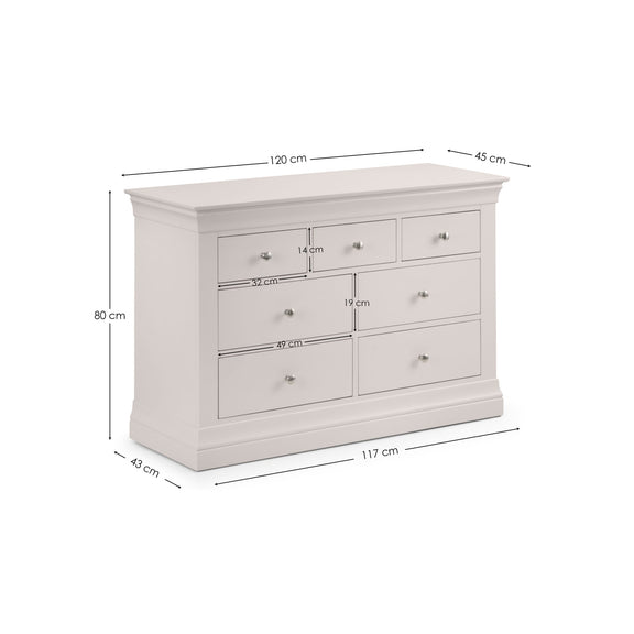 White dresser with dimensions labeled on a white background