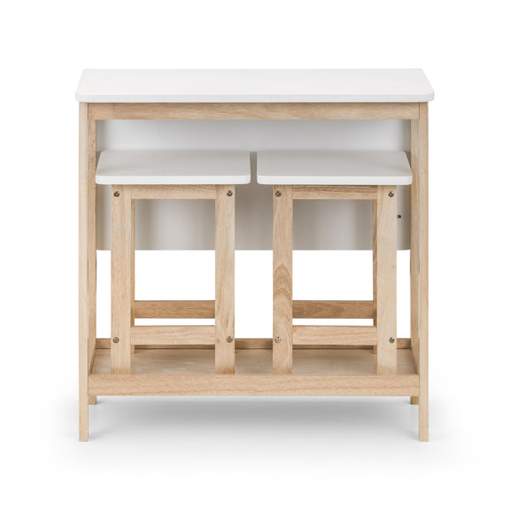 Wooden kitchen island with white countertop on a white background