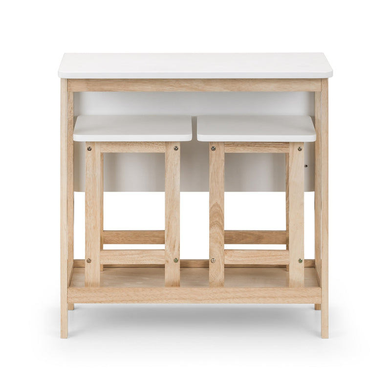 Wooden kitchen island with white countertop on a white background