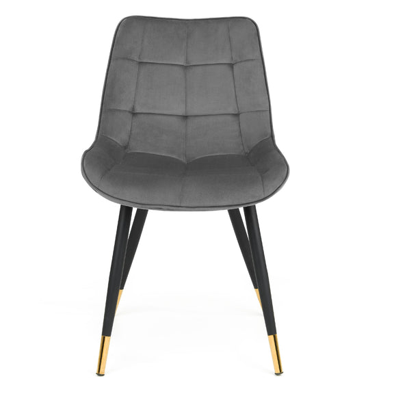 Gray chair with black legs and gold accents on a white background