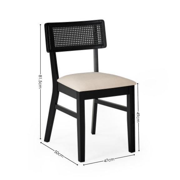 Black chair with beige cushion and dimensions on a white background