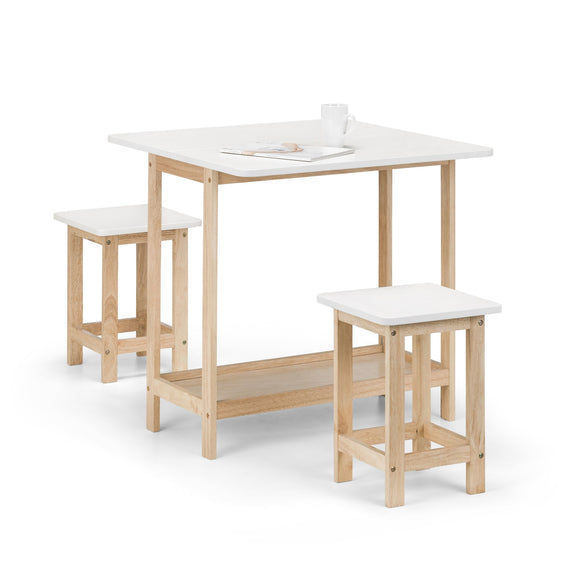 Wooden table with white top and two matching stools on a white background
