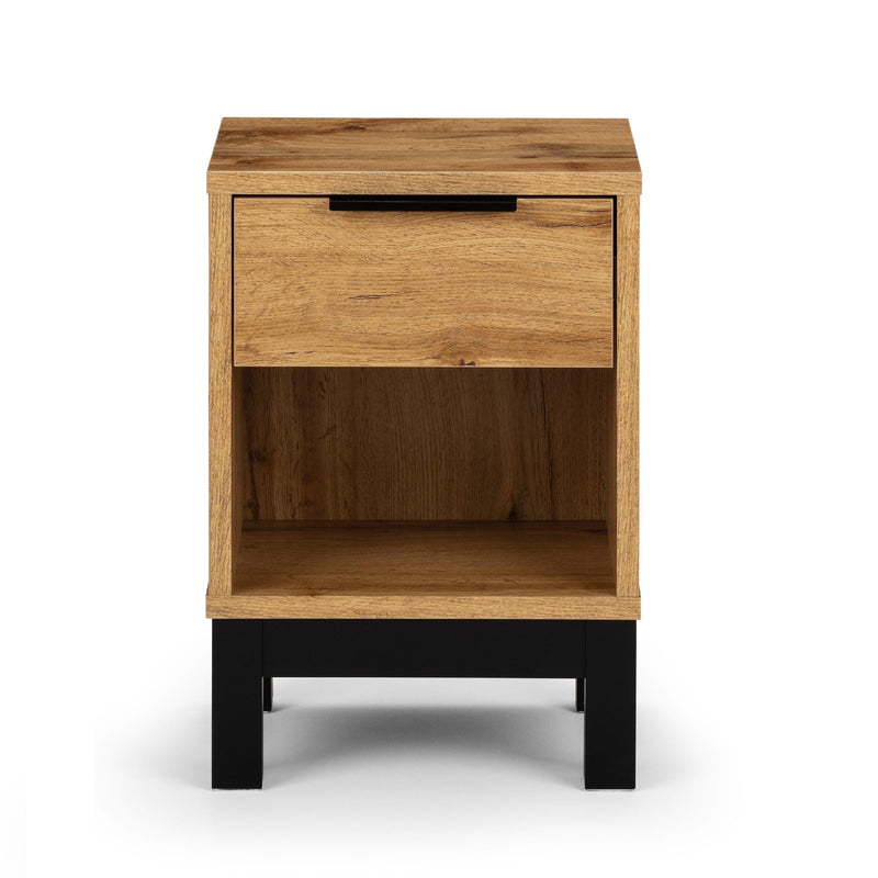 Wooden nightstand with a black base on a white background