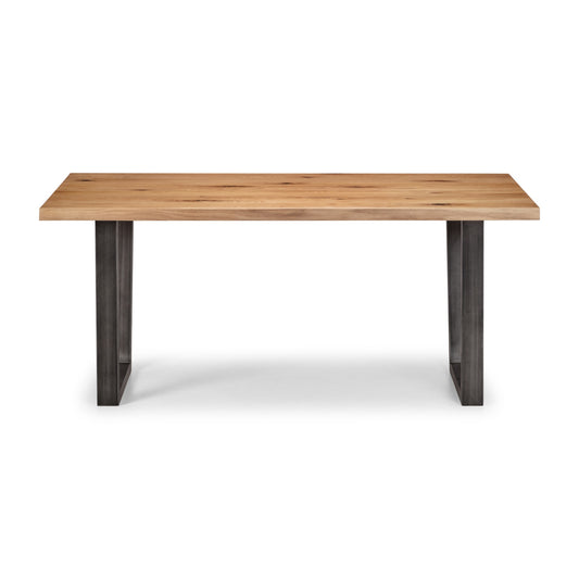 Wooden table with metal legs on a white background