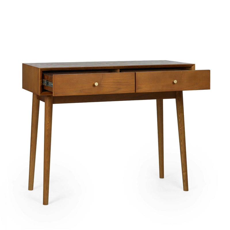 Wooden desk with two drawers on a white background