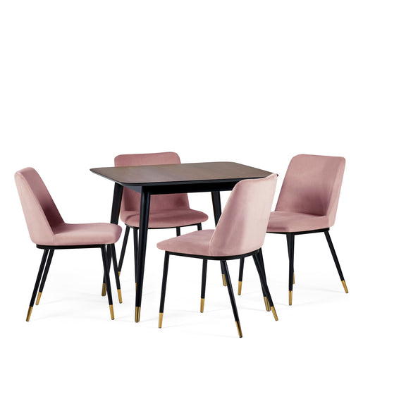 Dining set with a black table and four pink chairs on a white background