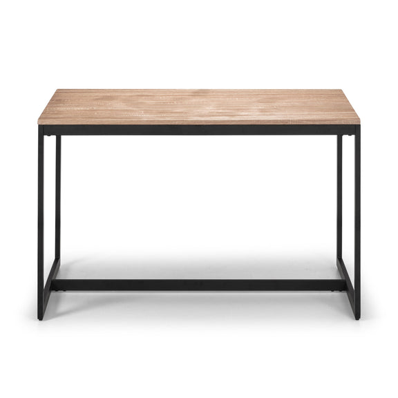 Small wooden table with black metal legs on a white background