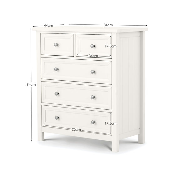 White dresser with dimensions labeled on a white background