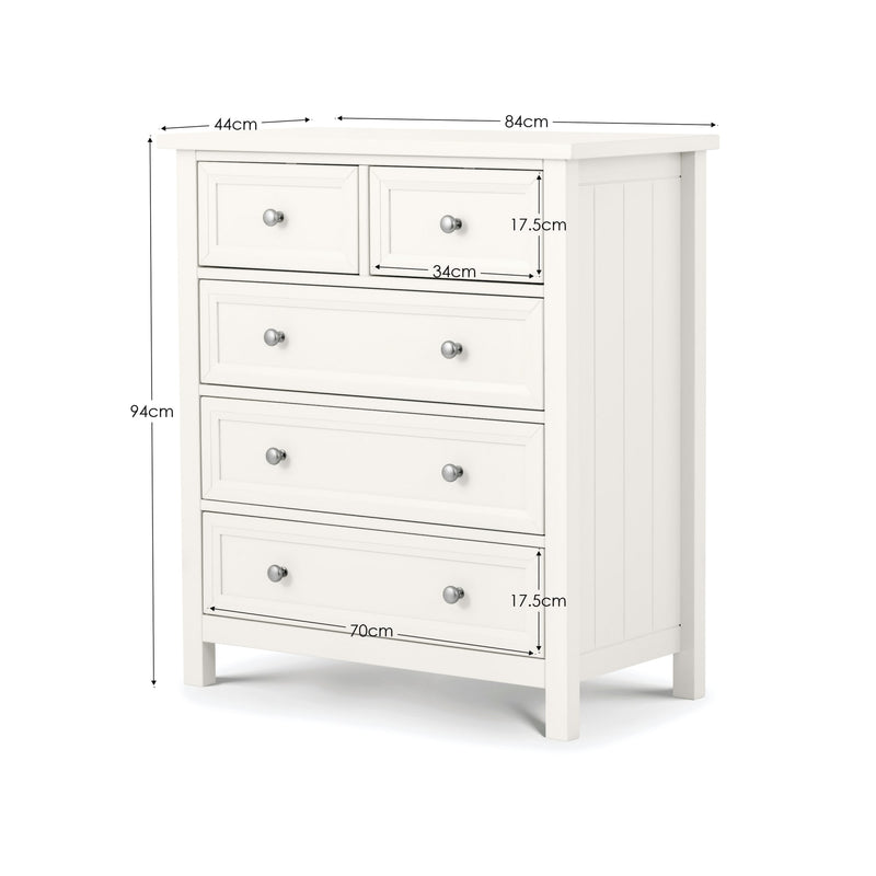 White dresser with dimensions labeled on a white background